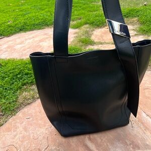Calvin Klein Black Leather Tote with Silver Accent